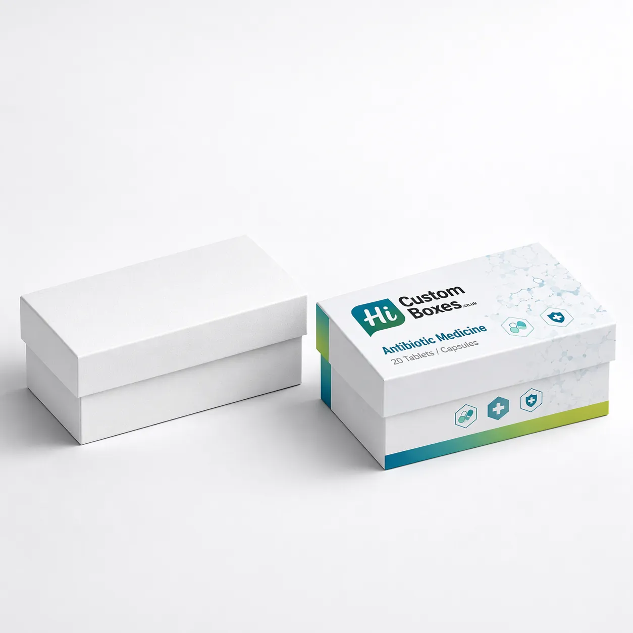 Two open corrugated cardboard mailer boxes, one plain white and one featuring teal pharmaceutical branding. class=